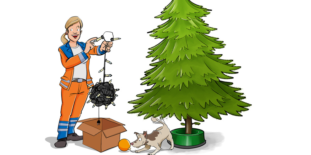 Cartoonartige zeichnung von einer ZKE Mitarbeiterin welche eine Lichterkette hält und auf ihn zeigt, daveben steht ein Tannenbaum vor dem ein Hund mit Deko spielt 