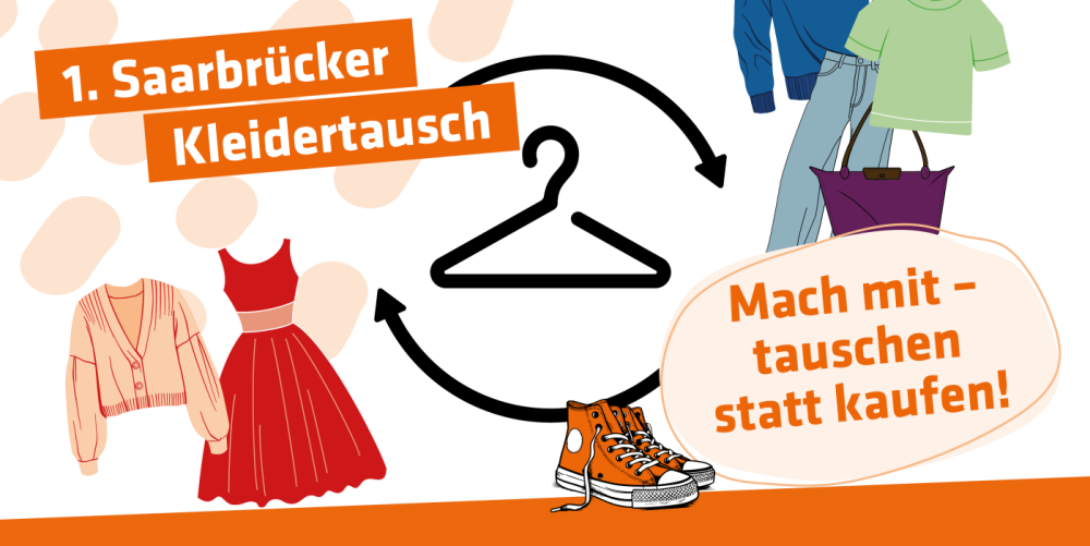 Kleider, Schuhe und ein Kleiderbügel mit der Aufschrift 20.9.25 10 bis 13 Uhr
