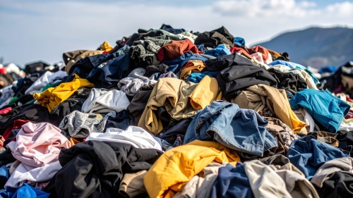 Kleiderberg Ein hoher, bunter Kleiderberg vor einer Berglandschaft. Bildquelle: KI / ZKE