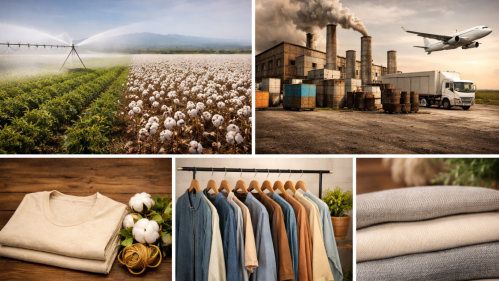 Umweltauswirkungen Textilproduktion Grafik Umweltauswirkungen Textilproduktion: Wasserverbrauch, Emissionen, nachhaltige Kleidung als Kontrast dazu. Foto generiert mit KI.